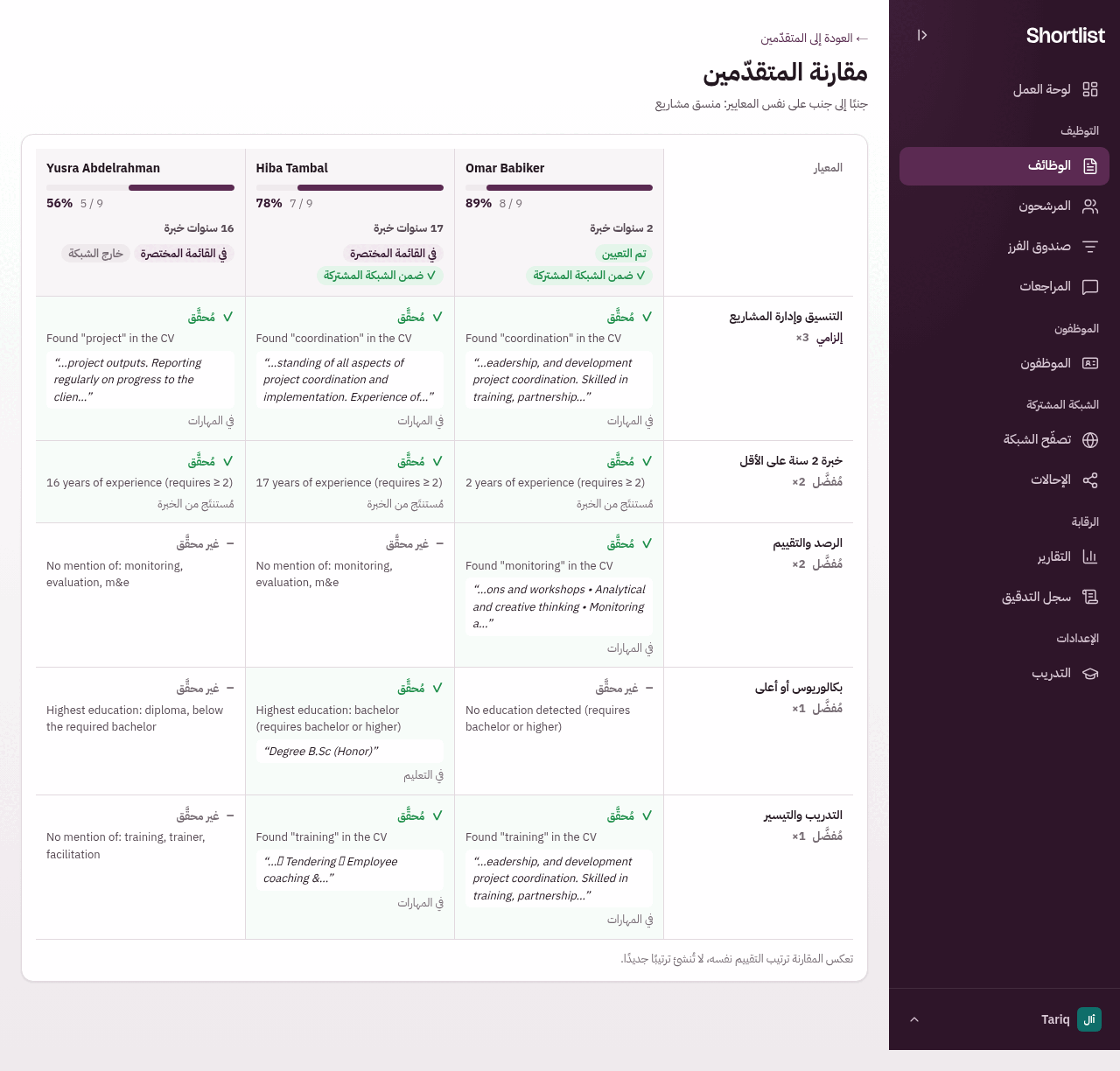 مقارنة المتقدّمين: مصفوفة المعايير